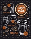 Coffee menu design template. Hand drawn vector sketch of different coffee drinks with titles and prices on blackboard background Royalty Free Stock Photo